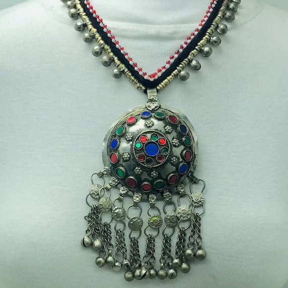Tribal Afghani Pendant Necklace With Glass Stones and Bells - Picture 3 of 10